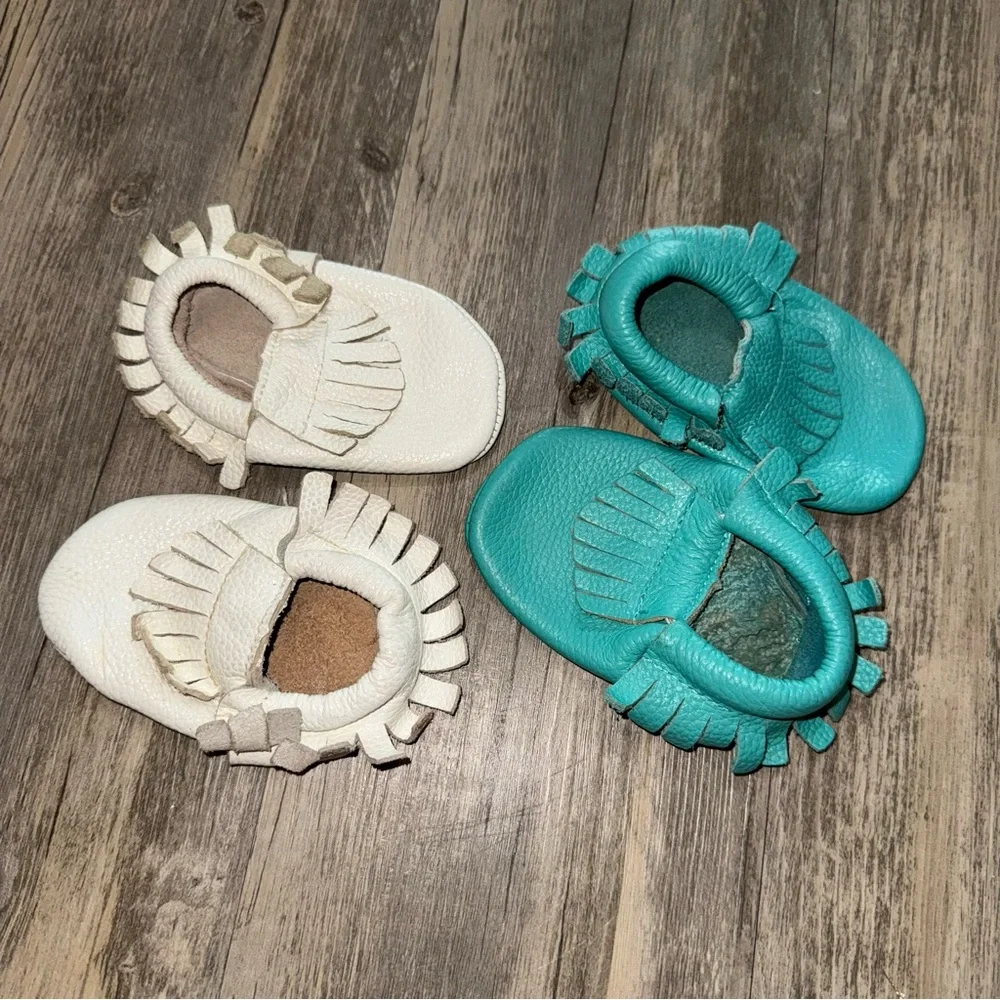 Chic Cream and Teal Kids Moccasins
